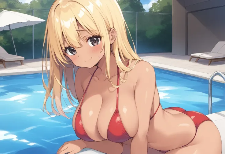 （Im embarrassed and scream、close both eyes）、Poolside,blonde.Drooping eyes.black eye.（big breasts：1.3）、RED bikini、（（（Completely naked）））、Anime style 、smilecoloring）,blonde.Drooping eyes.black eye.big breasts,long hair、(one-piece tan:1.2), swimtan, 