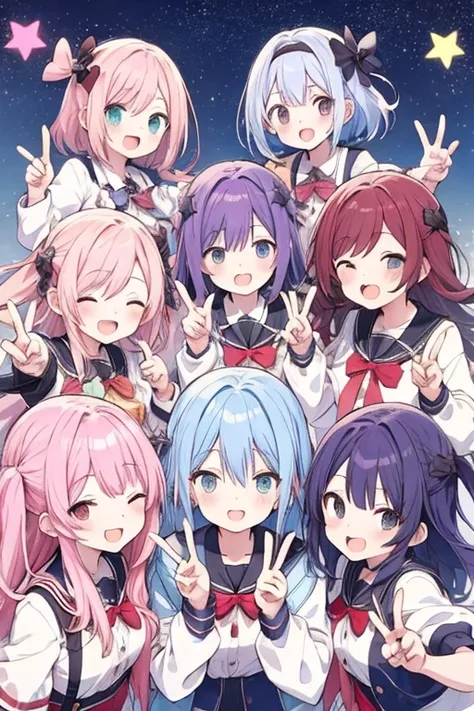 6+ girls, some colored hair, heroine casual clothes, random cute faces, heroines of the game, super happy smile, open mouth, closed eyes, group shot, zoom camera, peace sign, Happy Ending, starry sky