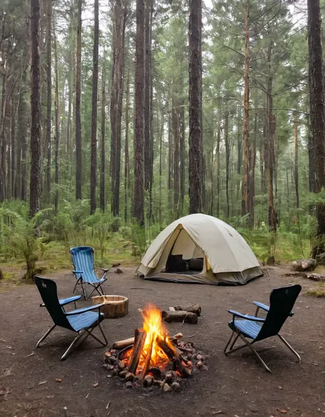 a close up of a tent and chairs in a forest, camping, at a campfire in the forest, barrel fires and tents, camp fire, peaceful e...