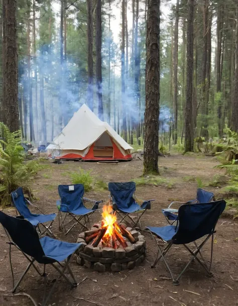 a close up of a tent and chairs in a forest, camping, at a campfire in the forest, barrel fires and tents, camp fire, peaceful e...