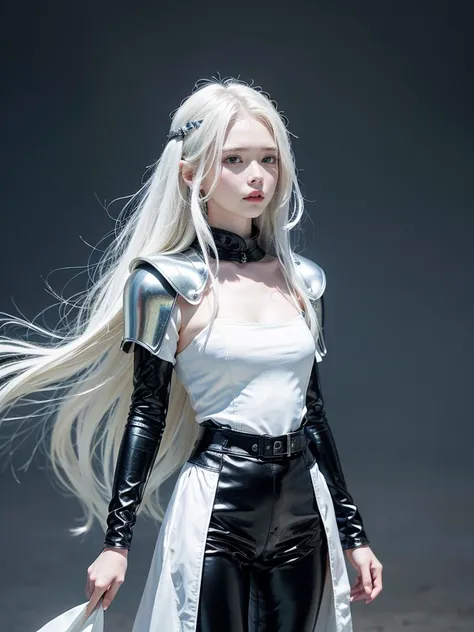 Top quality, RAW Photo, Highest Quality Image, 16K, White hair. Porcelain skin. Beautiful expressive eyes. Sweet and beautiful face. Fantasy clothing. Fantasy world. A slender girl in black leather trousers, armor, shoulder pads and comfortable beautiful c...