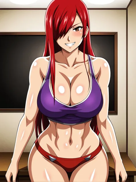 Erza, red hair, navel, crop top, , tank top, collarbone, 1girl, bare shoulders, midriff,cleavage, hair over one eye, large breasts, underwear, long hair,animerza, looking at viewer, grin, brown eyes ,masterpiece, best quality, room, big breasts, cleavage, ...