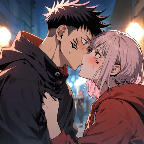 (1girl,long White hair, blue eyes), (1boy, pink_hair, blush, undercut, hetero, red_eyes, tattoo), long_hair, itadori_yuuji, spiked_hair, hood, short_hair, ryoumen_sukuna_(jujutsu_kaisen), night, facial_tattoo, hoodie, upper_body, jacket, extra_eyes, hood_d...