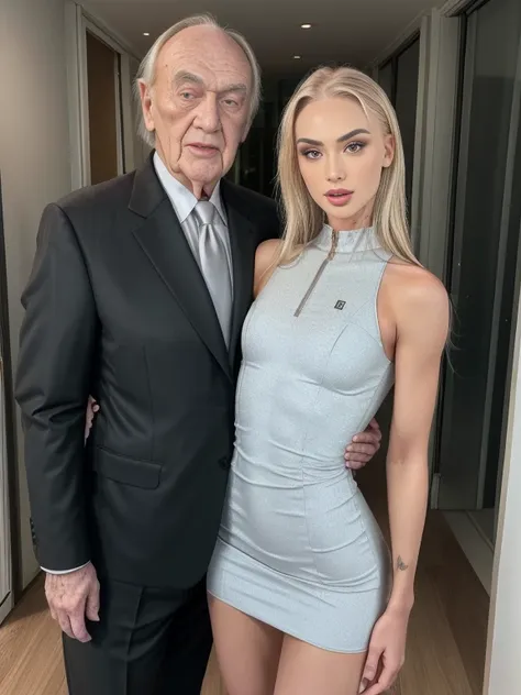 8k, hyperrealistic body shot of pale blonde skinned woman being hugged from behind by a 90 year ugly old man wearing in a suit, ...