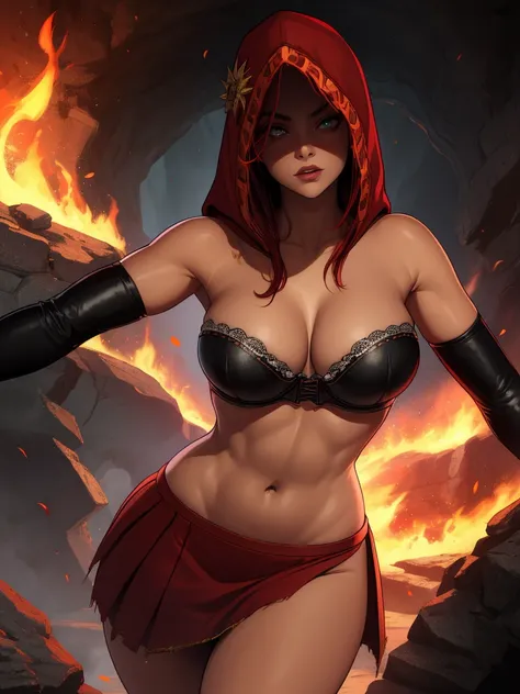 Dsorceress, redhair, shadowy face,dark cave, fire, hood, shadowed face, strapless bra, slim and athletic body, miniskirt, no panty, elbow gloves, dark skin, 1 girl (insanely detailed, masterpiece, best quality)
