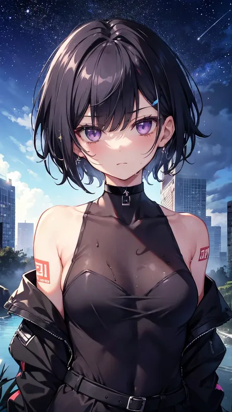 High resolution,high resolution,Girl,Black Hair,Short Hair,Purple Eyes,Slanted Eyes,Bad mood,boyish,slender,Toned body,Ghillie Suit,,Tattoo,,low length,Starry Sky,choker,Wet with sweat,