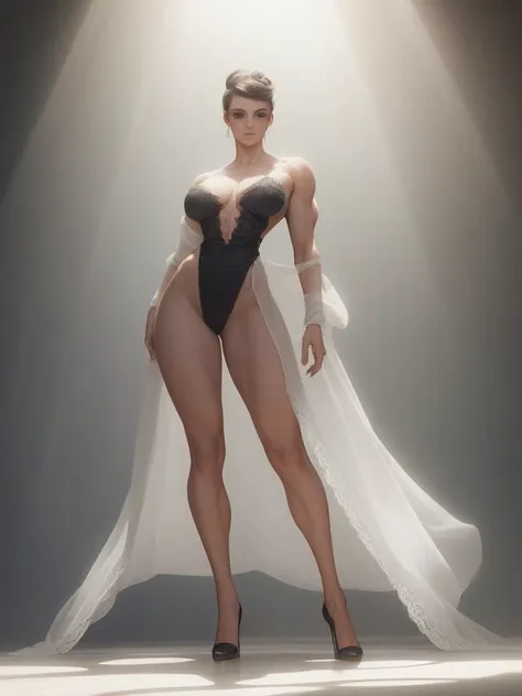 gigantic voluptuous old, thin waist,( whole body), toned, a person in a fine black lace robe, arte cyberpunk , trend on CGsociety,  Light rays, rays of god, muscular, realist, old, sexy legs, black high heel shoes