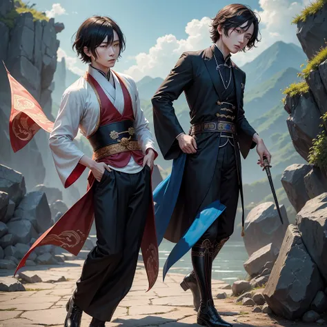 The image is supposed to depict the character Dazai Osamu from the anime "Bungou Stray Dogs".  He is to be wearing a blue and black traditional Chinese costume - hanfu, massive black lace-up shoes and a sword on his belt.  The picture is to be based on the...