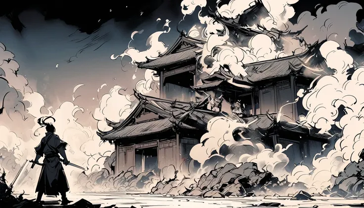 In the style of Chinese anime, flat coloring, High contrast, black and white, dramatic scene: Ancient Chinese palace engulfed in flames. The fire engulfs the walls, smoke spreads across the floor. Liu XuanTian, ​​wounded, holding his sword, stands opposite...