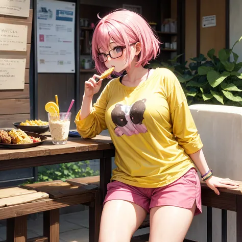 A plump pink haired asian girl with glasses wearing a yellow shirt and shorts eating a parfait