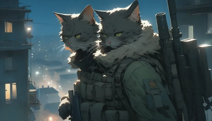 ((Masterpiece)), ((Best Quality)), (Very Detailed), ((Very Detailed)), 4K, (8K), very aesthetic, absurdres highres, 1 girl, (anthropomorphic cat, furry, kemono:1.8), A sniper wearing dark camouflage uniform is lying face down on the roof of a building, hol...