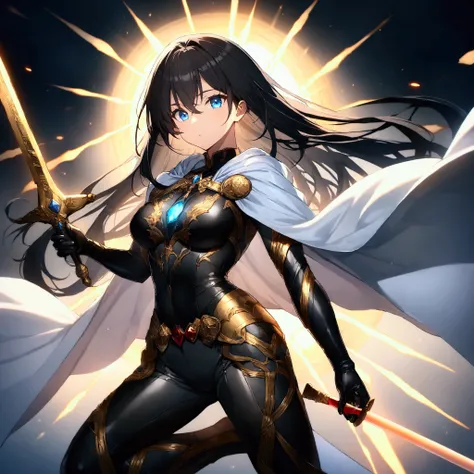 score_9、score_8_up、score_7_up、Source Anime、High-resolution imageasterpiece、Highest quality、High definition、Very aesthetic、Absurd、Transparent muscle、Shiny Hair、Ultra-detailed eyeid-chest、Long Hair、(Black Hair:1.4)、blue eyes、Sword Drawing Technique、White Shi...