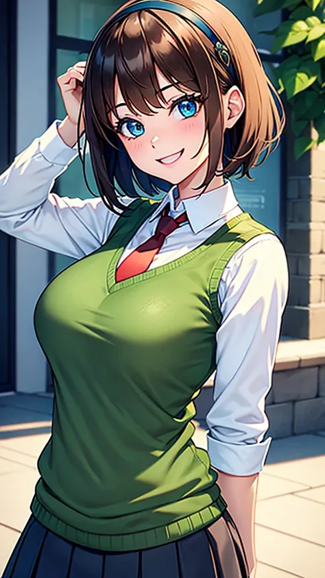 1girl, short brown hair, green sweater vest, red_necktie, long sleeved white_collared shirt, black_hairband, blue_eyes, smiling, breasts, happy, open_mouth, long sleeves, black_skirt, big smile, eyelashes, cute, breasts, bangs green_sweater_vest, green_ves...