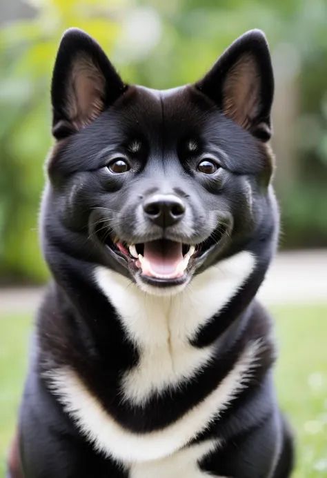 A black Shiba Inu「Shiba Smile」The moment when。His white teeth sparkle against his black fur.、Her happy expression heals the viewer。