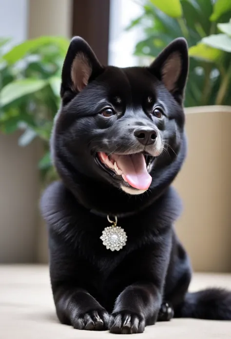 A black Shiba Inu「Shiba Smile」The moment when。His white teeth sparkle against his black fur.、Her happy expression heals the viewer。