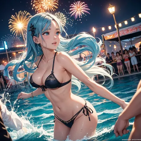 NSFW, sexy, erotic, A young woman in a beautiful swimsuit is enjoying the evening of a sea festival, intoxicated by a few cans of beer. In the background are colorful bonfires, spectacular fireworks, and a large crowd of people dancing the Bon Odori dance....