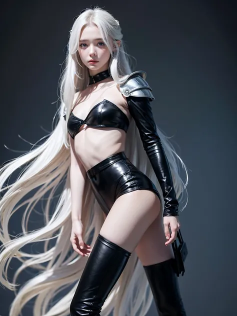 Top quality, RAW Photo, Highest Quality Image, 16K, White hair. Porcelain skin. Beautiful expressive eyes. Sweet and beautiful face. Fantasy clothing. Fantasy world. A slender girl in black leather trousers, armor, shoulder pads and comfortable beautiful c...