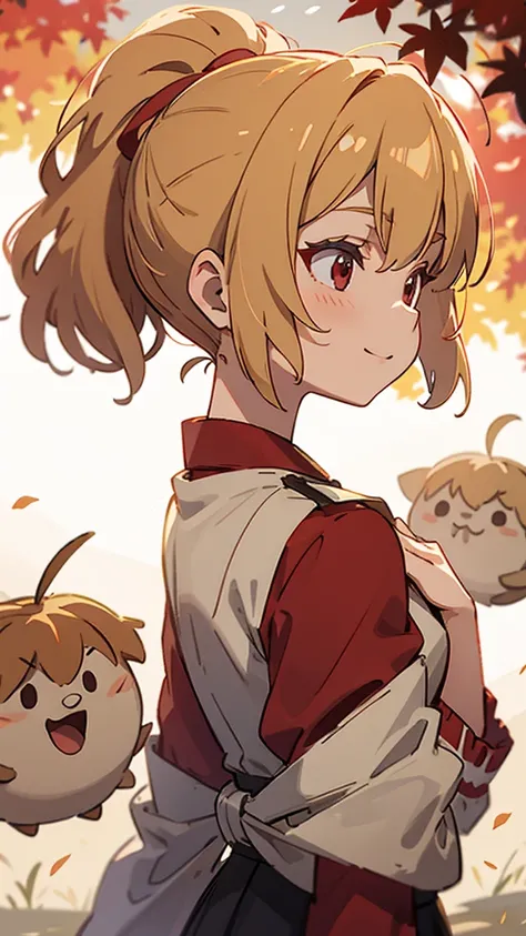 １girl、blonde、ponytail、Round red eyes、Ahoge、red blouse shirt、smile、profile、Face close-up、Perfect lighting、Autumnal leaves々、Momiji Park、Background Blur, Written boundary depth