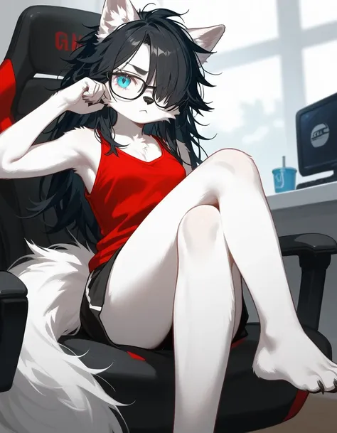 Solo, score_9,score_8_up,score_7_up, a young nerdy Anthro furry wolf woman, white furry body, tall, long black messy hair, hair covering one eye, long bangs, long black hair, blue eyes, black glasses, small breasts, white wolf tail, wearing red tank top, b...