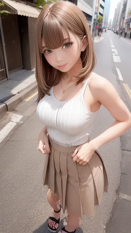 ((Long pleated skirt with slit))、Tank top shirt、In the streets of Shibuya、Standing halfway up the stairs、1 girl、Bob Hair、Brown Hair、Medium breast、Anatomically correct limbs、Anatomically correct fingerasterpiece:1.3、Raw photo、Highest quality、Detailed Backgr...