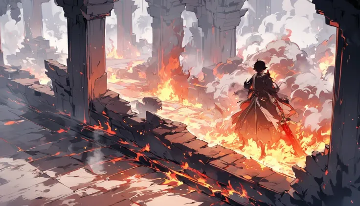 black and white, Burning palace. The fire engulfs the walls, smoke spreads across the floor. Liu XuanTian, ​​wounded, holding his sword, stands opposite Lao, who looks at him with cold confidence.
