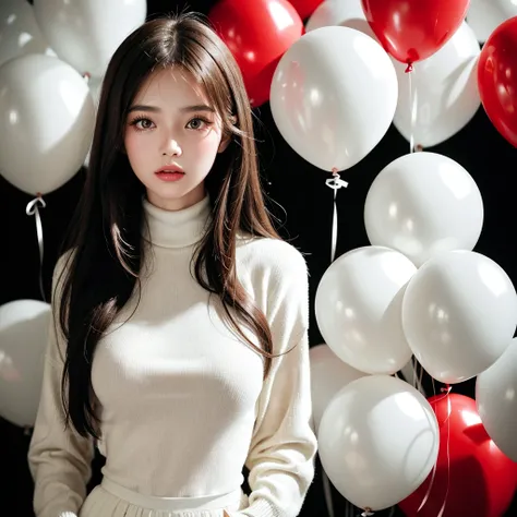 masterpiece, best quality, highly detailed background, perfect lightingbest quality,fashion portrait photo of beautiful young woman from the 60s wearing a red turtleneck standing in the middle of a ton of white balloons, taken on a hasselblad medium format...