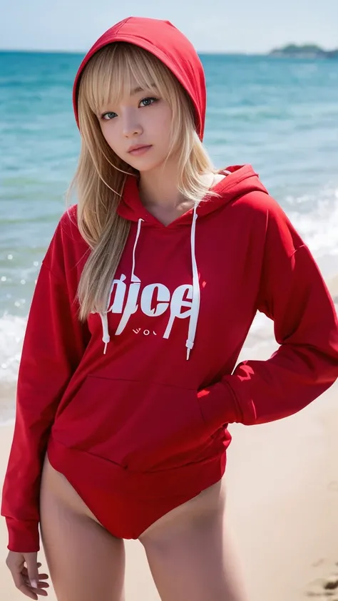 Blonde、20th Generation、Red swimsuit、Wearing a hoodie、Seaside