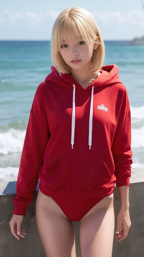 Blonde、20th Generation、Red swimsuit、Wearing a hoodie、Seaside