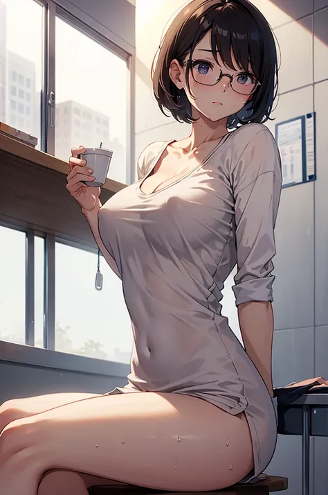 University、campus、beauty、Upper Body、please sit down、During class。short hair、Wall thickness、Glamour、V-neck shirt、I can see your chest、Glasses、Big Breasts、Look forward、Lots of sweat、Nipples are visible、Not wearing a bra