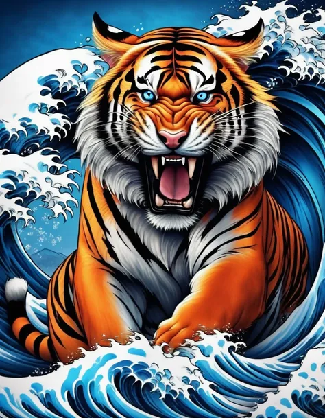 realistic tattoo art of Orange tiger with (((Blue eyes))) with pink sakura petal effect ,he is with open mouth looking very fierce and angry, the background is Japanese wave tattoo, (Unity 16K Wallpaper, masterpiece, Best Quality, high quality, Ultra-detai...