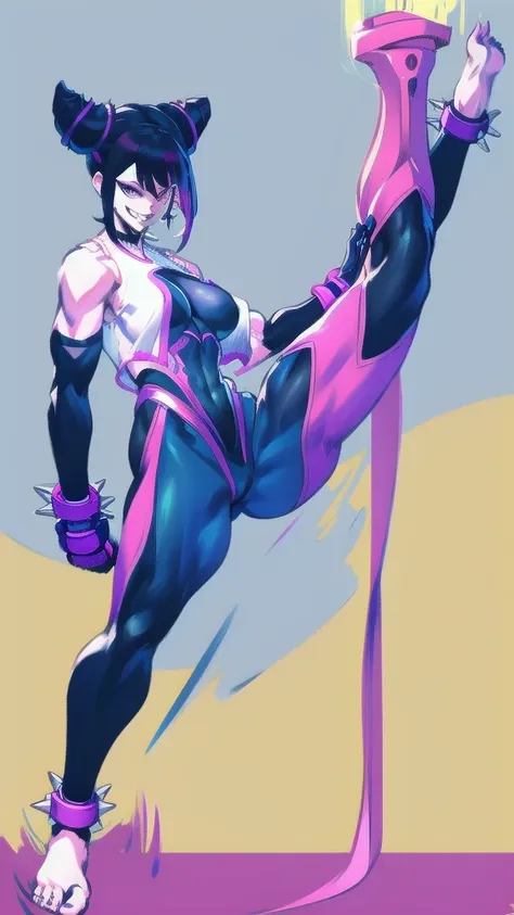 full body image of juri han from street fighter 5, wearing her original outfit (black and purple bodysuit with spiked accents, b...