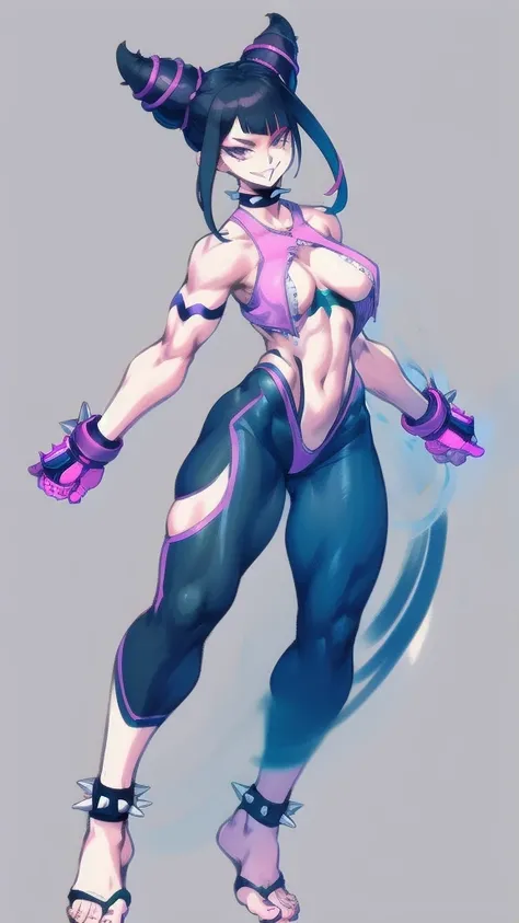 Full body image of Juri Han from Street Fighter 5, wearing her original outfit (black and purple bodysuit with spiked accents, barefoot with taped feet, and arm guards), short black hair styled in twin buns, female body, athletic and flexible body, dynamic...