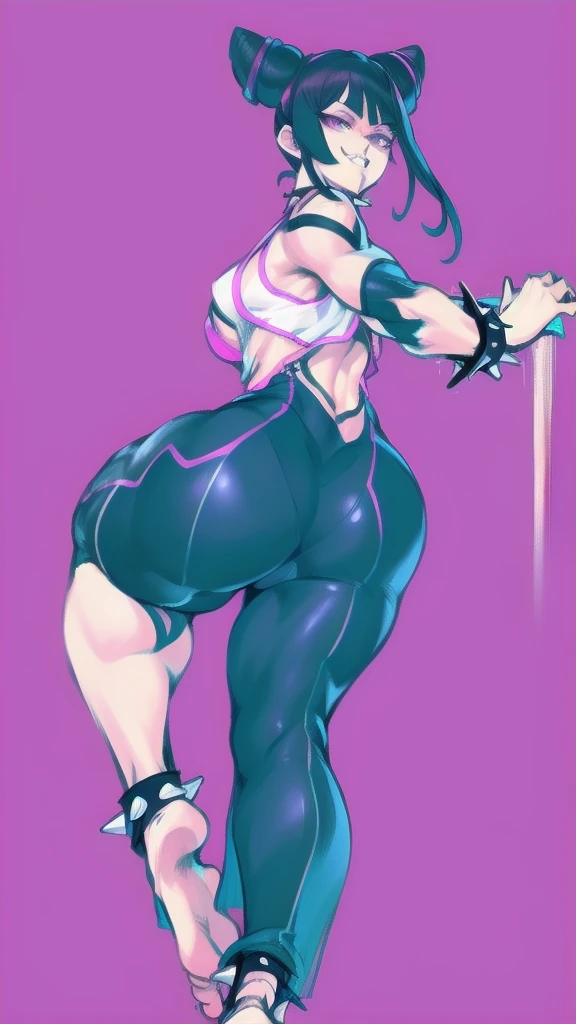 Full body image of Juri Han from Street Fighter 5, wearing her original outfit (black and purple bodysuit with spiked accents, barefoot with taped feet, and arm guards), short black hair styled in twin buns, female body, athletic and flexible body, dynamic...