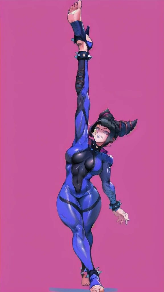 Full body image of Juri Han from Street Fighter 5, wearing her original outfit (black and purple bodysuit with spiked accents, barefoot with taped feet, and arm guards), short black hair styled in twin buns, female body, athletic and flexible body, dynamic...