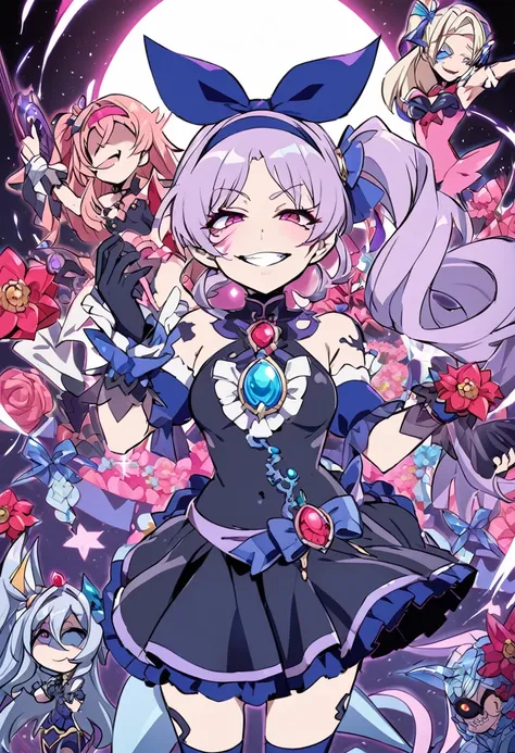 Cure Berry, Pretty Cure, Wrist cuff, Blue Skirt, Black latex dress, Side Ponytail, Blue Boots, gem, hair band, Navy knee socks, Blue Ribbon, belly button, Floral Background, corruption, NTRGAO, Hollow Eyes, Half-closed eyes, Wicked Smile, No students, Craz...