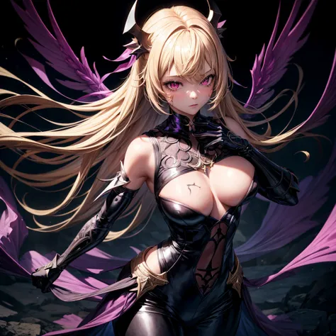 (1 girl, standing alone, AngelT), pink eyes, blonde hair with purple tips, long straight hair, black pants, partially nude, tempting outfit, tattoo marks on the body, wings, gaping mouth, looking ahead at viewer, eyes wide open, confused expression, black ...