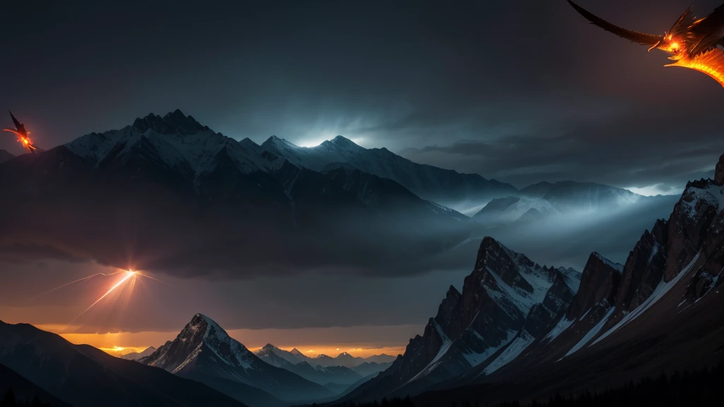 dark sky with rays of fire and dragons flying over the mountains