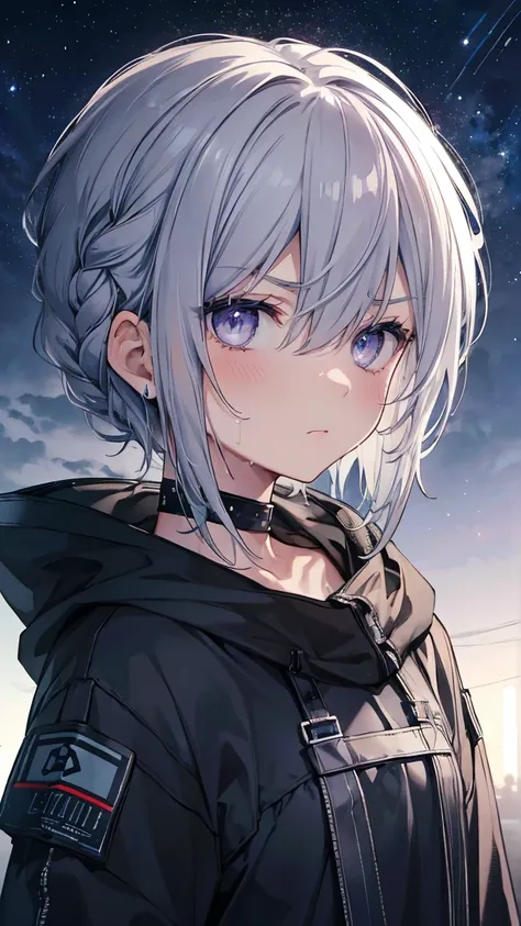 High resolution,high resolution,Girl,(Braiding,Gray Hair,Short Hair,Blue accent color),Purple Eyes,Slanted Eyes,Bad mood,boyish,slender,Toned body,Ghillie Suit,,Tattoo,,low length,Starry Sky,choker,Wet with sweat,