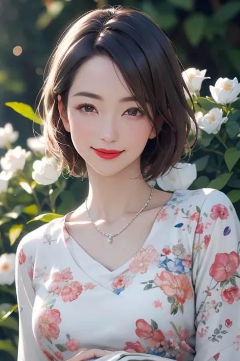 Beautiful mature 55 year old Japanese woman, Married women, Fine Lines, Long eyelashes, Shining Eyes, Bob Cut Hair, Red lipstick, smile, elegant, Gorgeous figure, Pearl Necklace, Summer clothes, Low-cut blouse, Floral print slit skirt, Holding a bouquet, w...