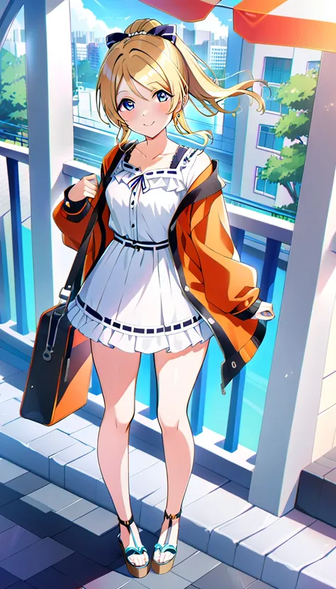 18-year-old adult woman, Eri Ayase, full body, wearing clothes for going out in the city in midsummer, medium chest, id_eli_ayase, city background, 8k