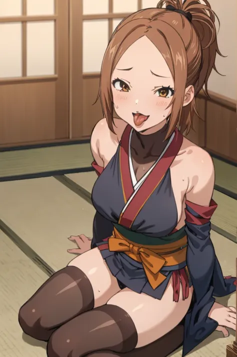 miyoshi kaya, light brown hair, high ponytail,orange eyes, parted bangs, forehead,japanese room,tatami,sitting
 1girl,solo,looki...