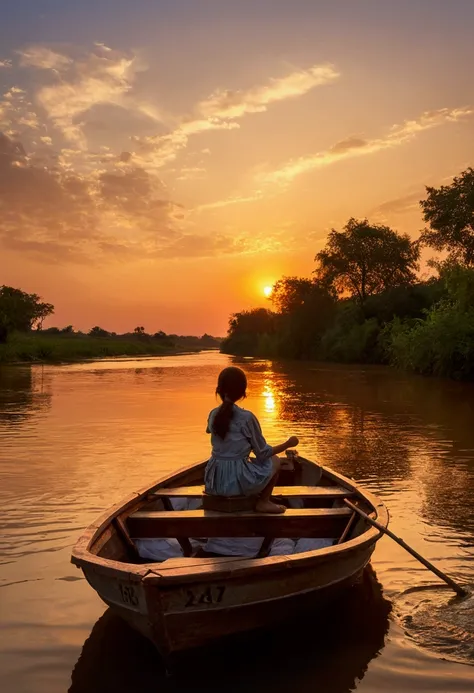 a girl sat on a boat which crosses the river at the time of sunset.