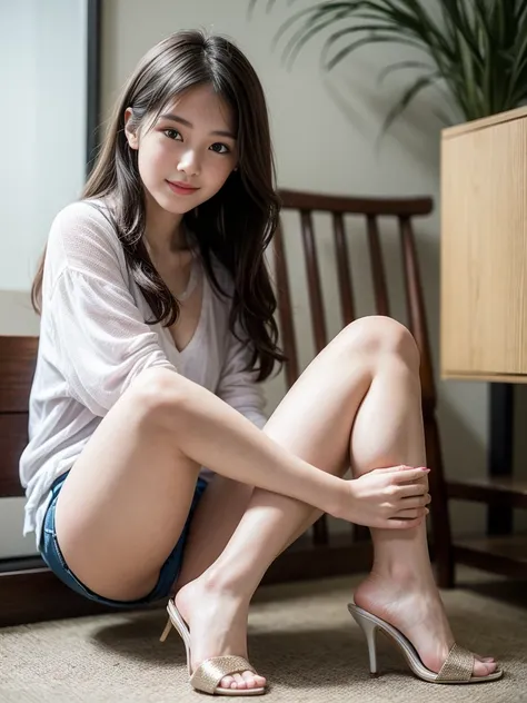 italian woman in alafe sitting on the ground with legs crossed, pretty face with arms and legs, Korean Girl, chiho, young and cute girl, the anime girl is crouching, Round thighs, Casual pose, Young Pretty Gravure Idol, 19-year-old girl, Sitting on the gro...