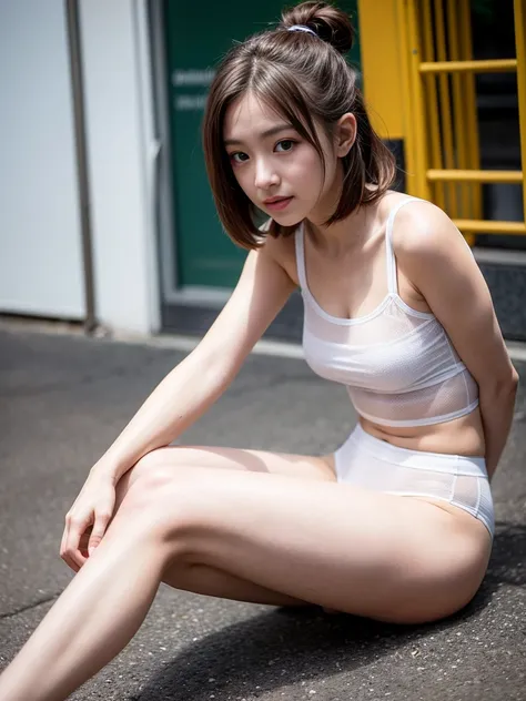 italian woman in alafe sitting on the ground with legs crossed, pretty face with arms and legs, Korean Girl, chiho, young and cute girl, the anime girl is crouching, Round thighs, Casual pose, Young Pretty Gravure Idol, 19-year-old girl, Sitting on the gro...