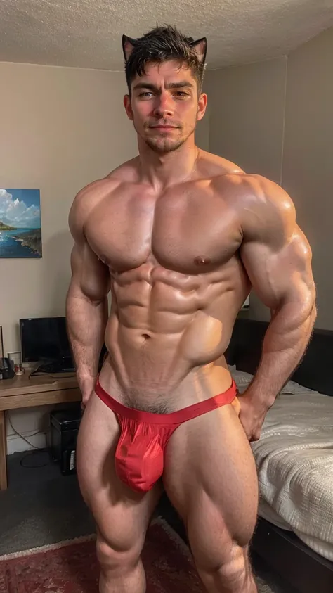 In the captivating image lies a Korean handsome guy, radiating charisma as he proudly showcases his muscular to to build in a full-bodied stand-up pose. Wearing a sexy red bikini that accentuates his physique, he stands amidst the bedroom environment, With...