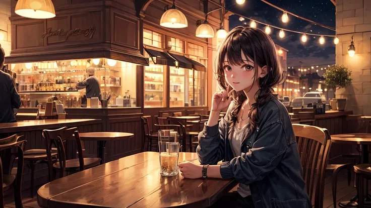 (Original photo, Highest quality), 1 girl,  Lisa, night,Cafe, relax,
Satosh Khan&#39;Art Style