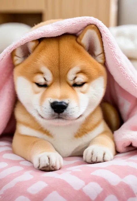 A Shiba Inu puppy, tired from playing, taking a nap snuggled up to a stuffed animal and a blanket。The sight of her sleeping defenselessly、The sight of the little body curled up is very soothing.。