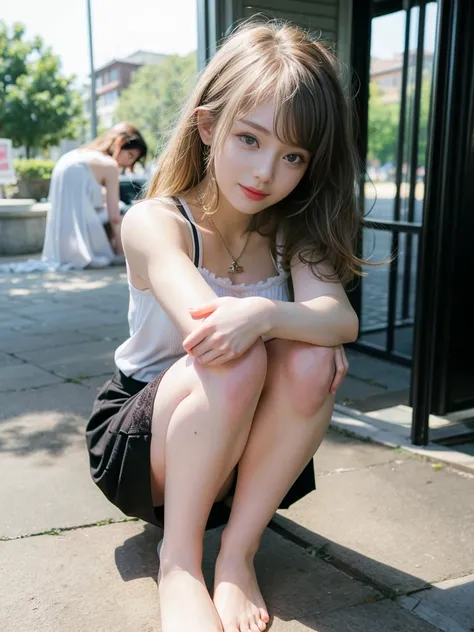 italian woman in alafe sitting on the ground with legs crossed, pretty face with arms and legs, Korean Girl, chiho, young and cute girl, the anime girl is crouching, Round thighs, Casual pose, Young Pretty Gravure Idol, 19-year-old girl, Sitting on the gro...