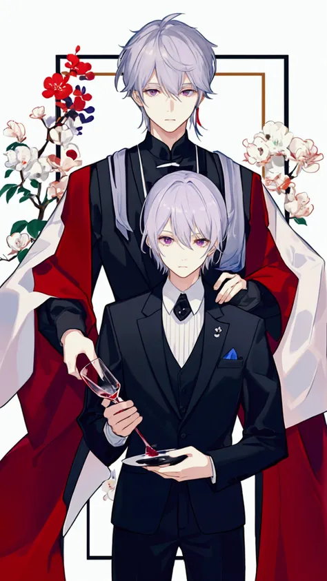 cool成人男性二人。派手なSilver Hair、watercolor、The guy on the right has red eyes、The guy on the left has purple eyes、Silver Hair、There are meshes of various colors in the hair.、holding a wine glass、Wearing a host&#39;s suit。cool。delicate。short hair、The nape is long。...