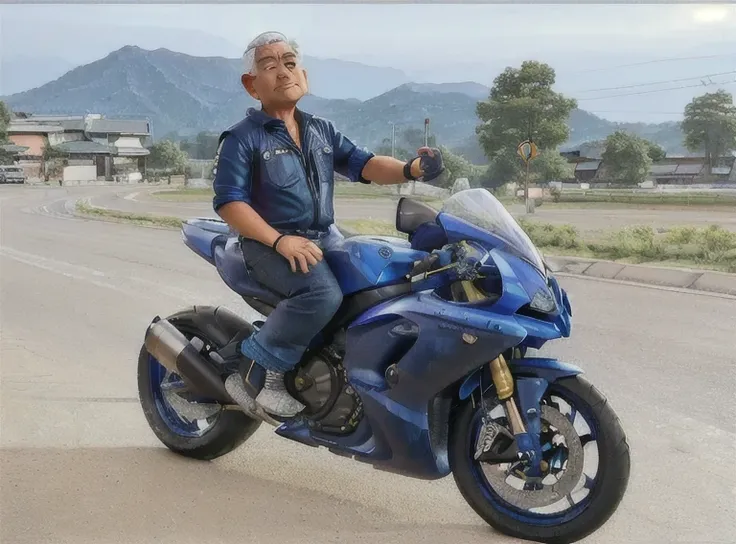 arafed man sitting on a blue motorcycle on a road, thawan duchanee, 🚿🗝📝, motorbiker, reddit post, motorcycle, 👰 🏇 ❌ 🍃, riding a motorcycle, r6, sitting on a motorcycle, akira toriyama 📹, he is about 60 years old, he is about 6 0 years old